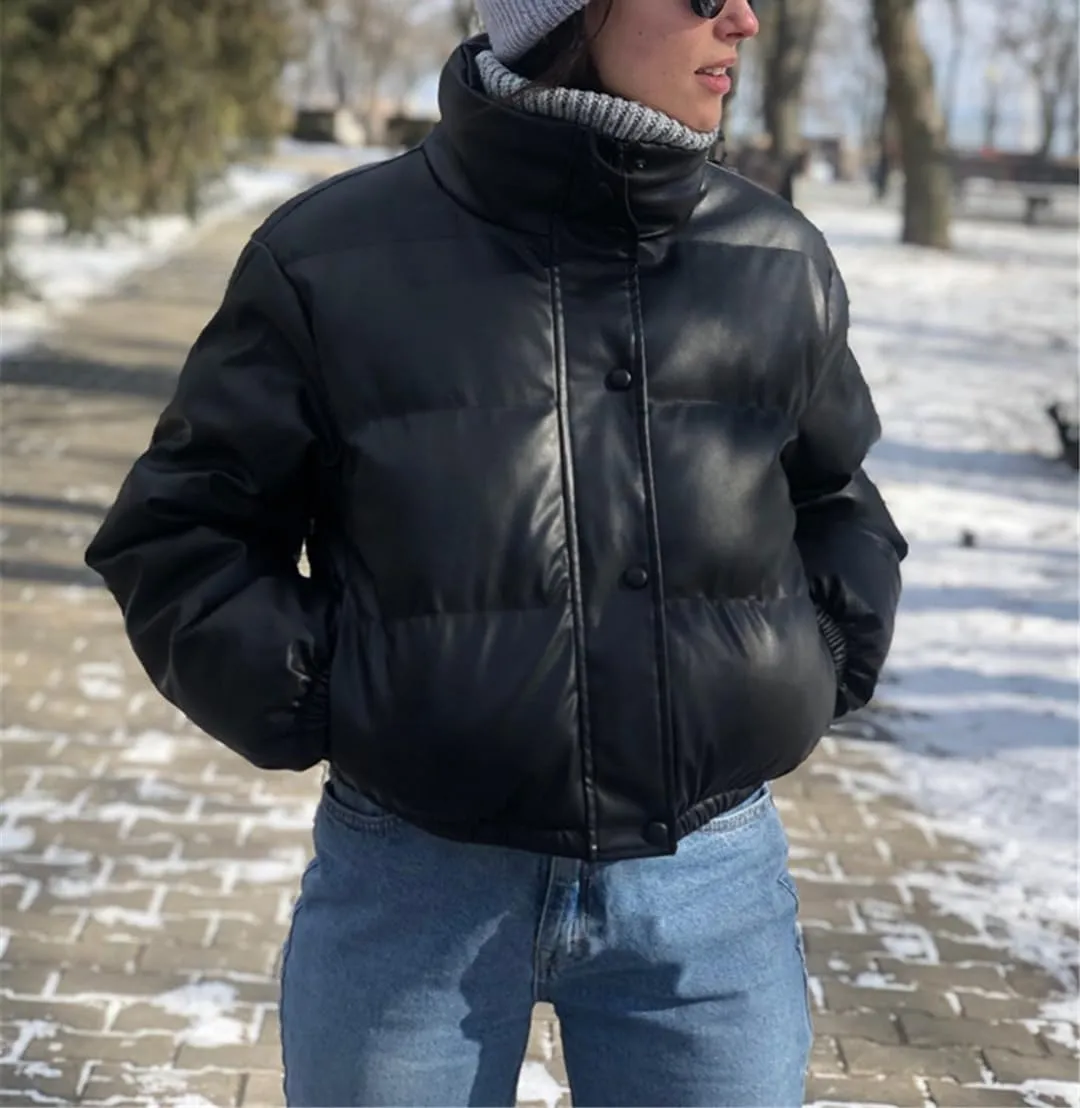 Fjnbbiot Winter Thick Women Short Parkas Warm Fashion PU Leather Bomber Coat Cotton Padded Female Zipper Puffer Down Jacket