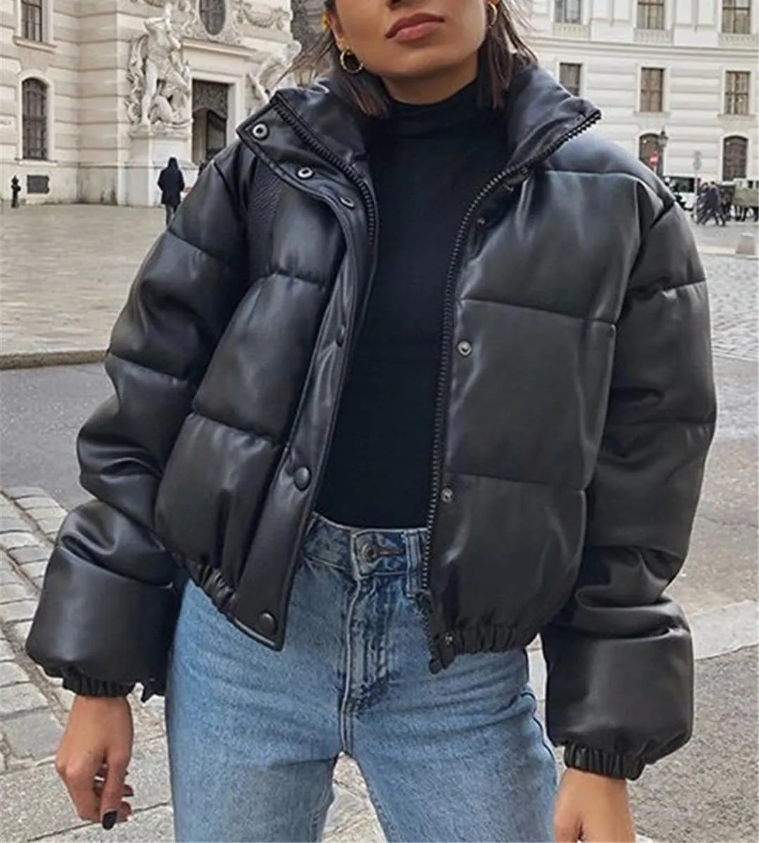 Fjnbbiot Winter Thick Women Short Parkas Warm Fashion PU Leather Bomber Coat Cotton Padded Female Zipper Puffer Down Jacket