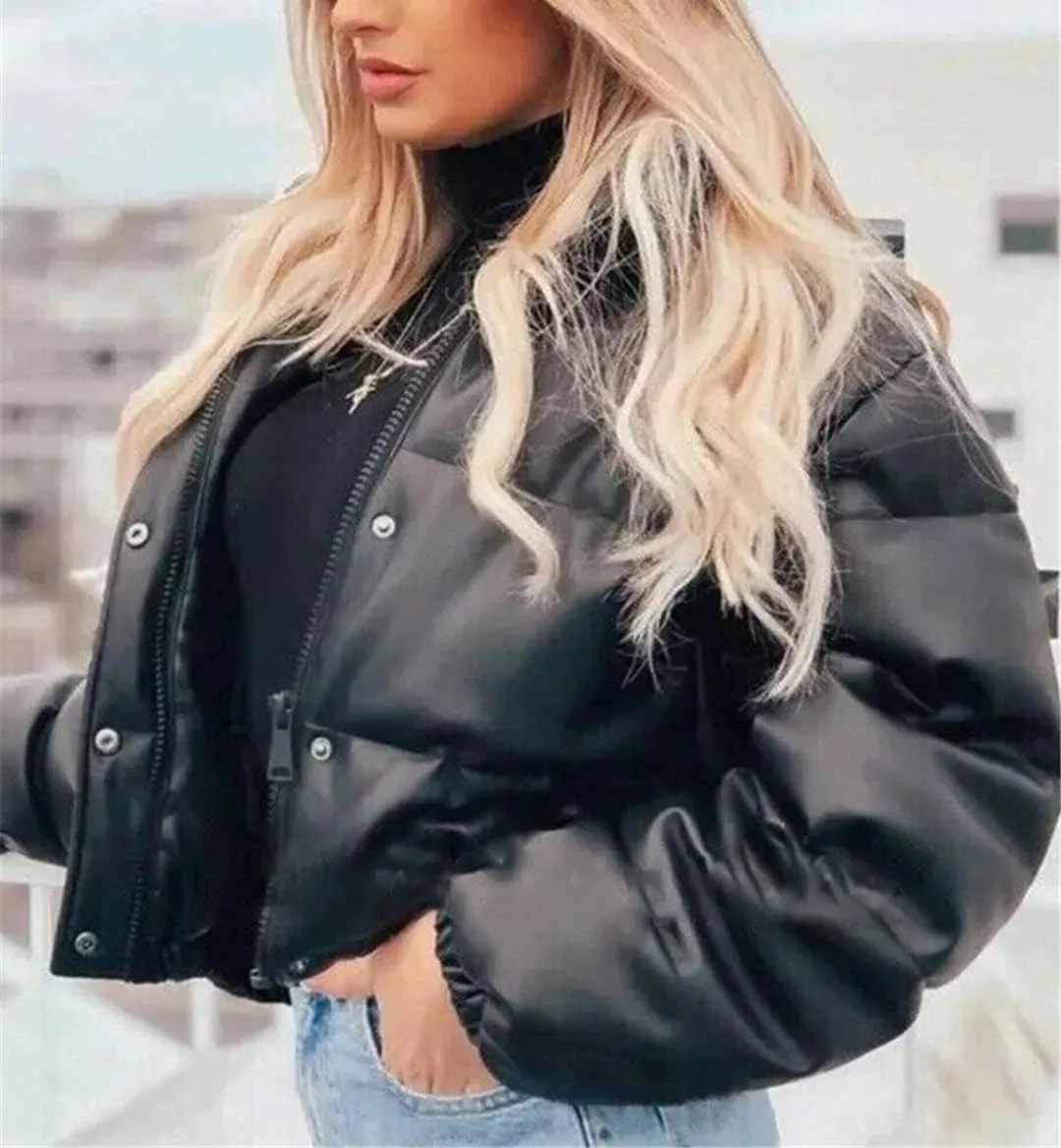 Fjnbbiot Winter Thick Women Short Parkas Warm Fashion PU Leather Bomber Coat Cotton Padded Female Zipper Puffer Down Jacket