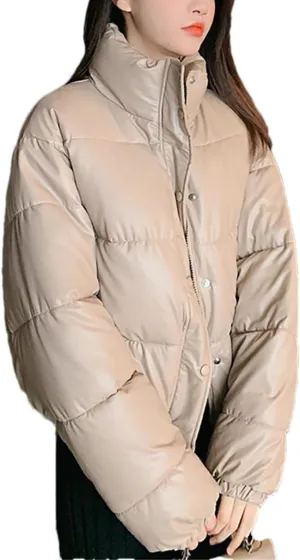 Fjnbbiot Winter Warm Thick PU Leather Coats Women Short Parkas Fashion Cotton Padded Lady Down Jacket Elegant Zipper Clothes