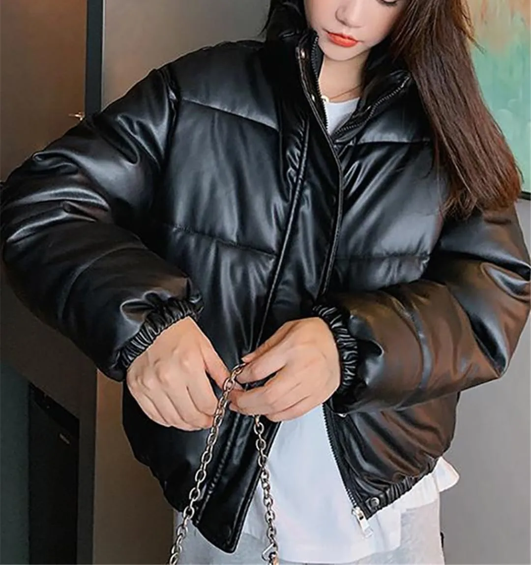 Fjnbbiot Winter Warm Thick PU Leather Coats Women Short Parkas Fashion Cotton Padded Lady Down Jacket Elegant Zipper Clothes