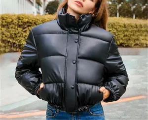 Fjnbbiot Winter Warm Thick PU Leather Coats Women Short Parkas Fashion Cotton Padded Lady Down Jacket Elegant Zipper Clothes