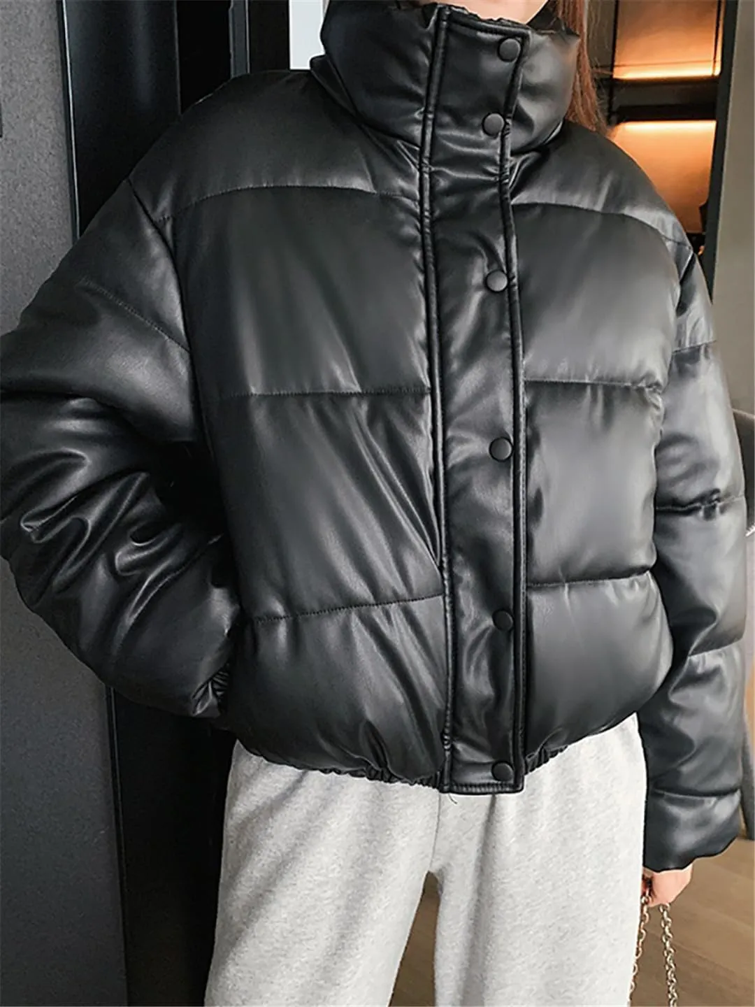 Fjnbbiot Winter Warm Thick PU Leather Coats Women Short Parkas Fashion Cotton Padded Lady Down Jacket Elegant Zipper Clothes