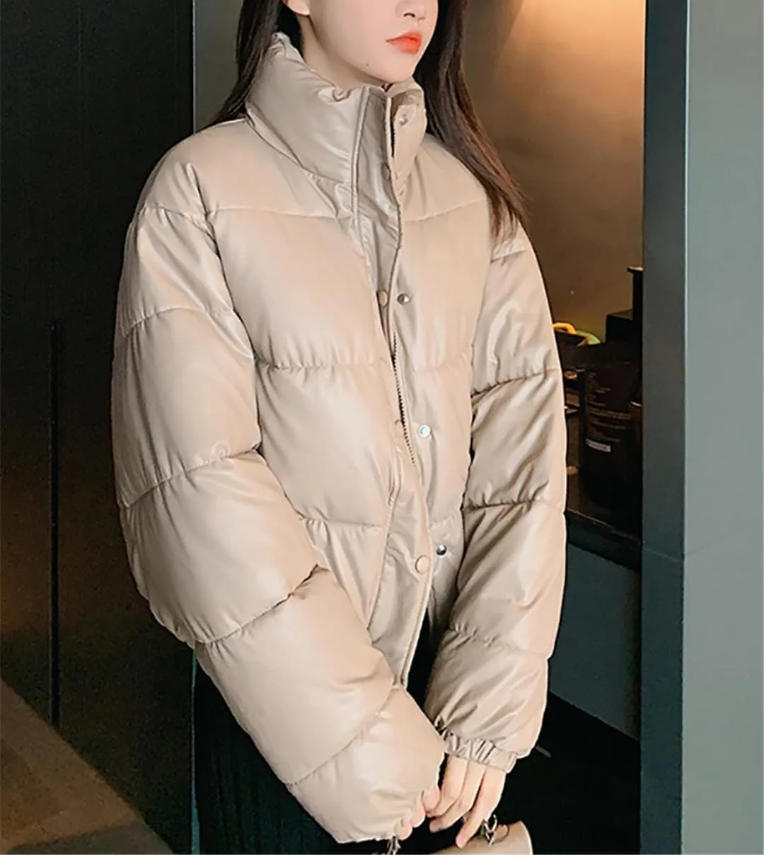 Fjnbbiot Winter Warm Thick PU Leather Coats Women Short Parkas Fashion Cotton Padded Lady Down Jacket Elegant Zipper Clothes