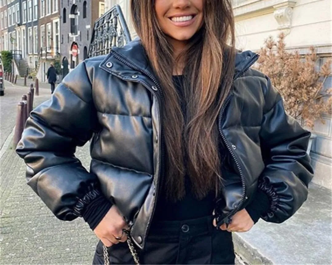 Fjnbbiot Winter Warm Thick PU Leather Coats Women Short Parkas Fashion Cotton Padded Lady Down Jacket Elegant Zipper Clothes