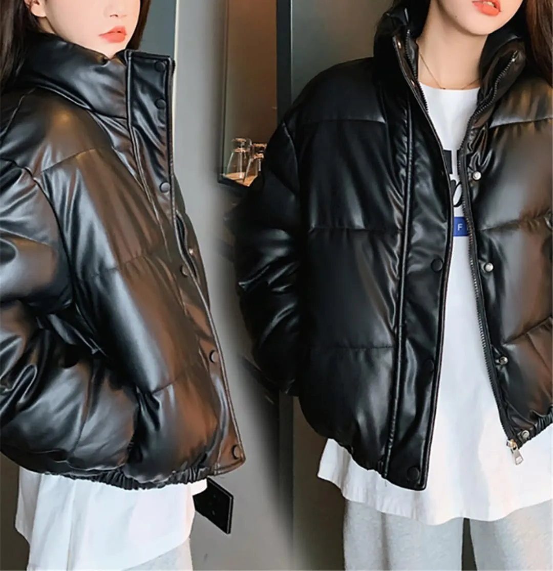 Fjnbbiot Winter Warm Thick PU Leather Coats Women Short Parkas Fashion Cotton Padded Lady Down Jacket Elegant Zipper Clothes