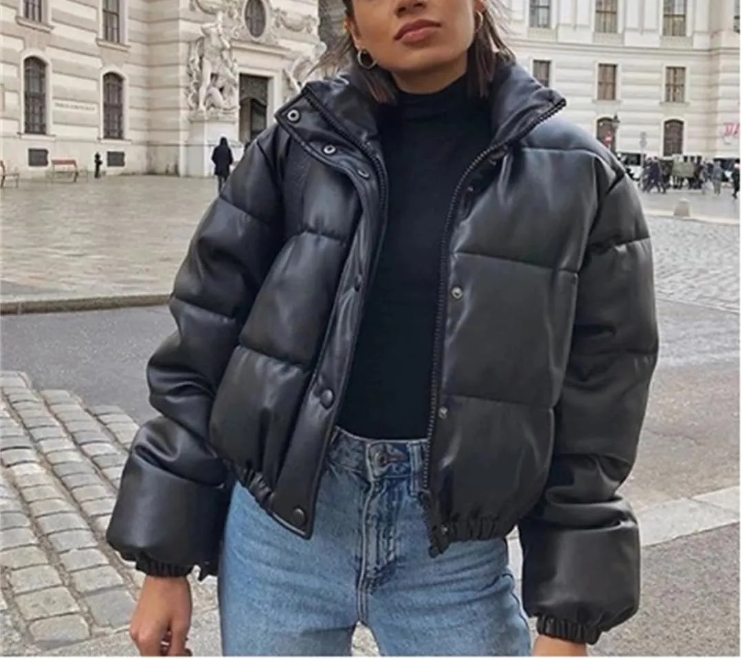 Fjnbbiot Winter Warm Thick PU Leather Coats Women Short Parkas Fashion Cotton Padded Lady Down Jacket Elegant Zipper Clothes