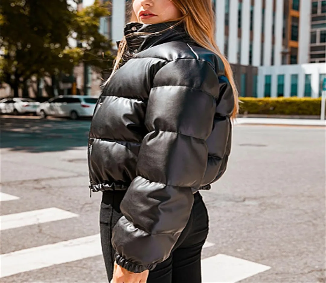 Fjnbbiot Winter Warm Thick PU Leather Coats Women Short Parkas Fashion Cotton Padded Lady Down Jacket Elegant Zipper Clothes