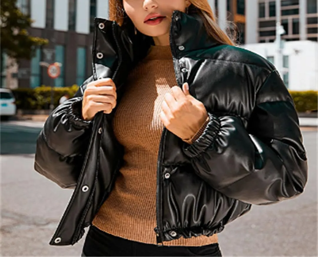 Fjnbbiot Winter Warm Thick PU Leather Coats Women Short Parkas Fashion Cotton Padded Lady Down Jacket Elegant Zipper Clothes