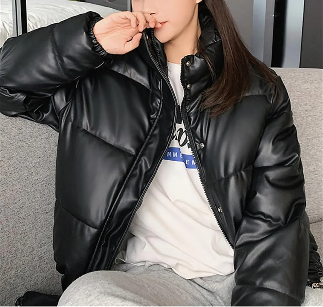 Fjnbbiot Winter Warm Thick PU Leather Coats Women Short Parkas Fashion Cotton Padded Lady Down Jacket Elegant Zipper Clothes