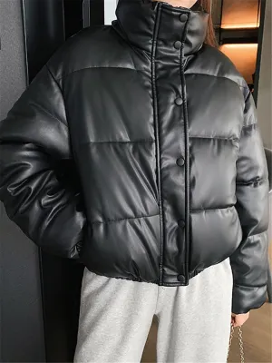Fjnbbiot Winter Warm Thick PU Leather Coats Women Short Parkas Fashion Cotton Padded Lady Down Jacket Elegant Zipper Clothes