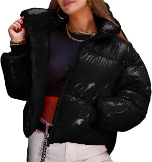 Fjnbbiot Women Winter Jacket Fashion Faux Leather Zipper Warm Parkas Thicken Coats Cotton Padded Parka Jacket Hooded Outerwear Black S