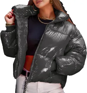 Fjnbbiot Women Winter Jacket Fashion Faux Leather Zipper Warm Parkas Thicken Coats Cotton Padded Parka Jacket Hooded Outerwear Gray L