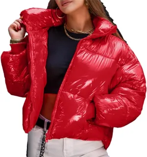 Fjnbbiot Women Winter Jacket Fashion Faux Leather Zipper Warm Parkas Thicken Coats Cotton Padded Parka Jacket Hooded Outerwear Red M