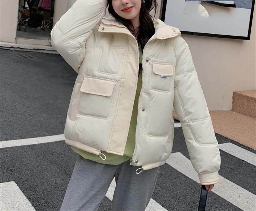 Fjnbbiot Women's Winter Short Coat Thick Down Cotton Padded Jacket Woman Loose Overcoat Fashion Casual Hooded Parka
