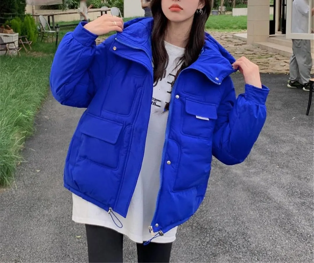 Fjnbbiot Women's Winter Short Coat Thick Down Cotton Padded Jacket Woman Loose Overcoat Fashion Casual Hooded Parka