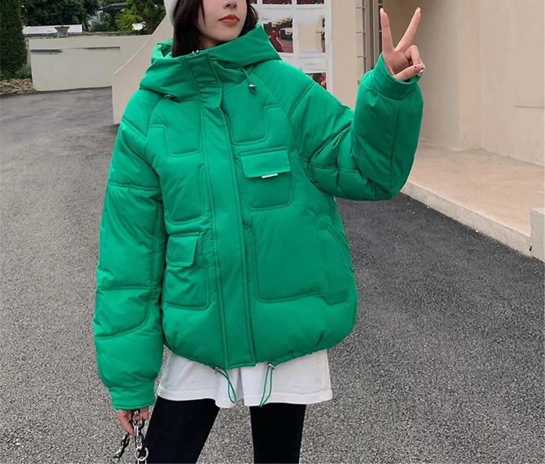 Fjnbbiot Women's Winter Short Coat Thick Down Cotton Padded Jacket Woman Loose Overcoat Fashion Casual Hooded Parka
