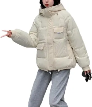 Fjnbbiot Women's Winter Short Coat Thick Down Cotton Padded Jacket Woman Loose Overcoat Fashion Casual Hooded Parka