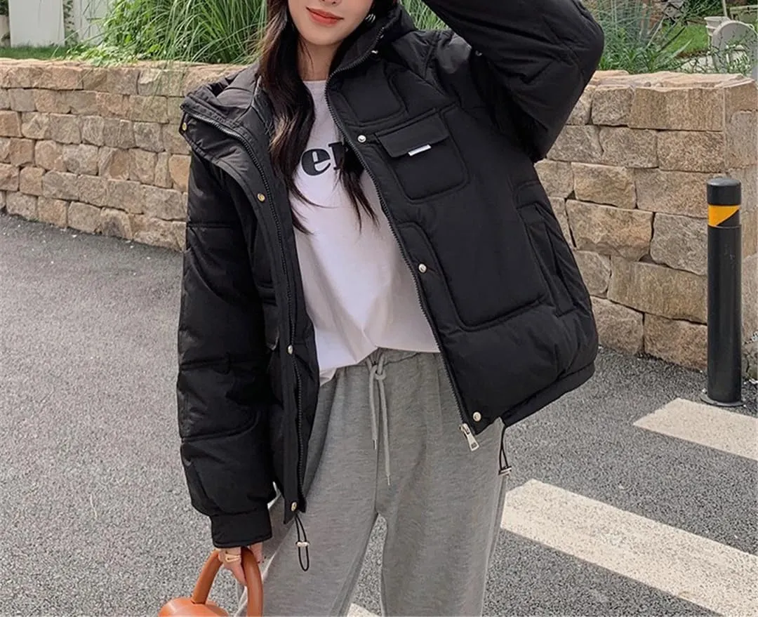 Fjnbbiot Women's Winter Short Coat Thick Down Cotton Padded Jacket Woman Loose Overcoat Fashion Casual Hooded Parka