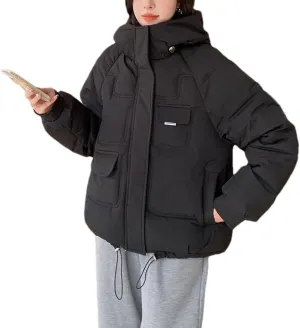 Fjnbbiot Women's Winter Short Coat Thick Down Cotton Padded Jacket Woman Loose Overcoat Fashion Casual Hooded Parka