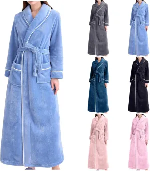 Flannel Bathrobe Womens Plush Sleepwear Robe with Belt Solid Color Nightgown Full Length Pajama Long Sleeve Nightwear