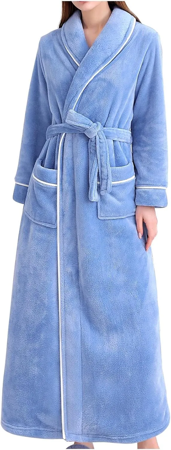 Flannel Bathrobe Womens Plush Sleepwear Robe with Belt Solid Color Nightgown Full Length Pajama Long Sleeve Nightwear