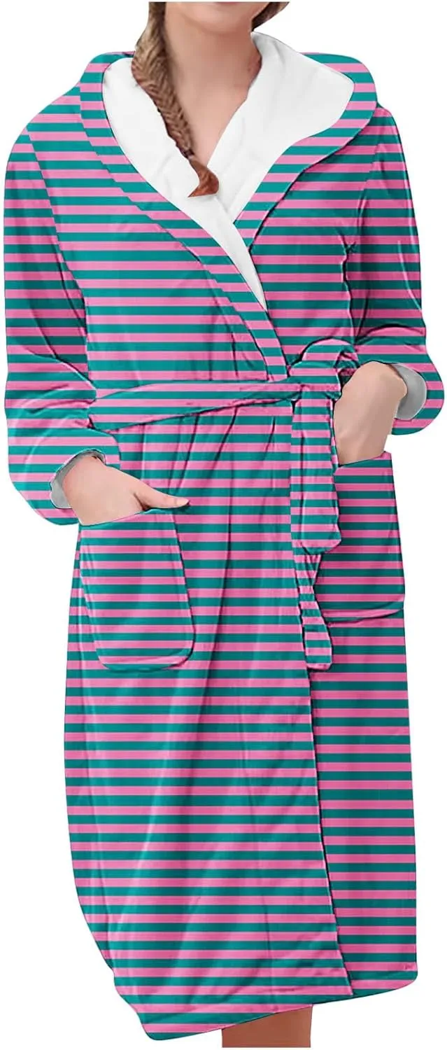 Flannel Pajama Womens Stripe Printed Robe Plush Bathrobe Loungewear Long Sleeve Sleepwear Nightgown Soft Nightwear