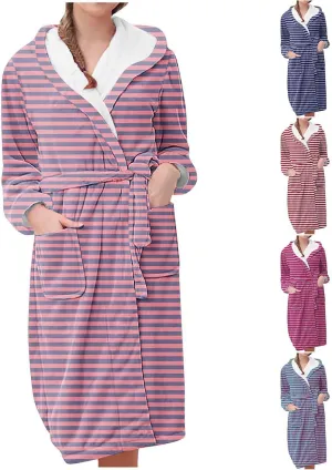 Flannel Pajama Womens Stripe Printed Robe Plush Bathrobe Loungewear Long Sleeve Sleepwear Nightgown Soft Nightwear