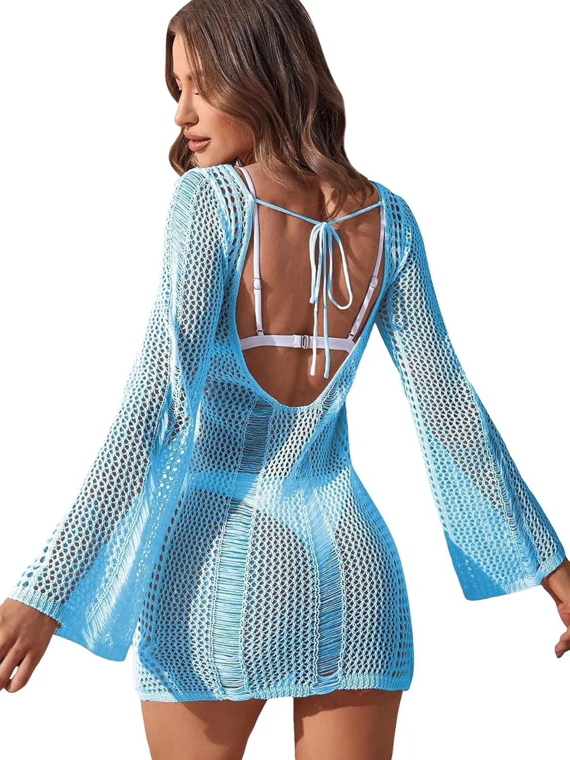 Floerns Women's Crochet Cover Up Long Sleeve Hollow Out Bikini Swimsuit Beach Cover Up Swimwear