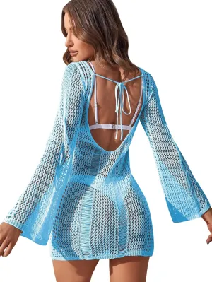 Floerns Women's Crochet Cover Up Long Sleeve Hollow Out Bikini Swimsuit Beach Cover Up Swimwear
