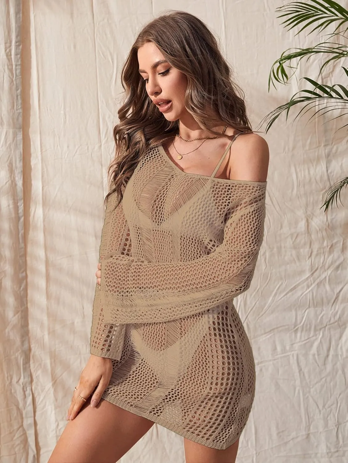 Floerns Women's Crochet Cover Up Long Sleeve Hollow Out Bikini Swimsuit Beach Cover Up Swimwear
