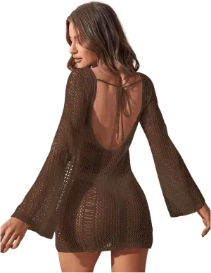 Floerns Women's Crochet Cover Up Long Sleeve Hollow Out Bikini Swimsuit Beach Cover Up Swimwear