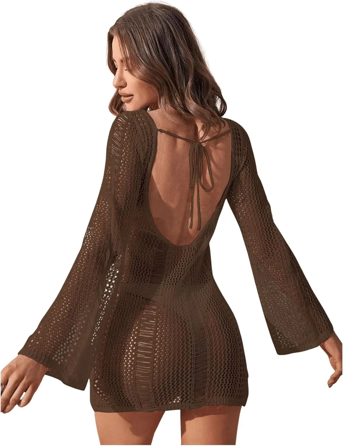 Floerns Women's Crochet Cover Up Long Sleeve Hollow Out Bikini Swimsuit Beach Cover Up Swimwear