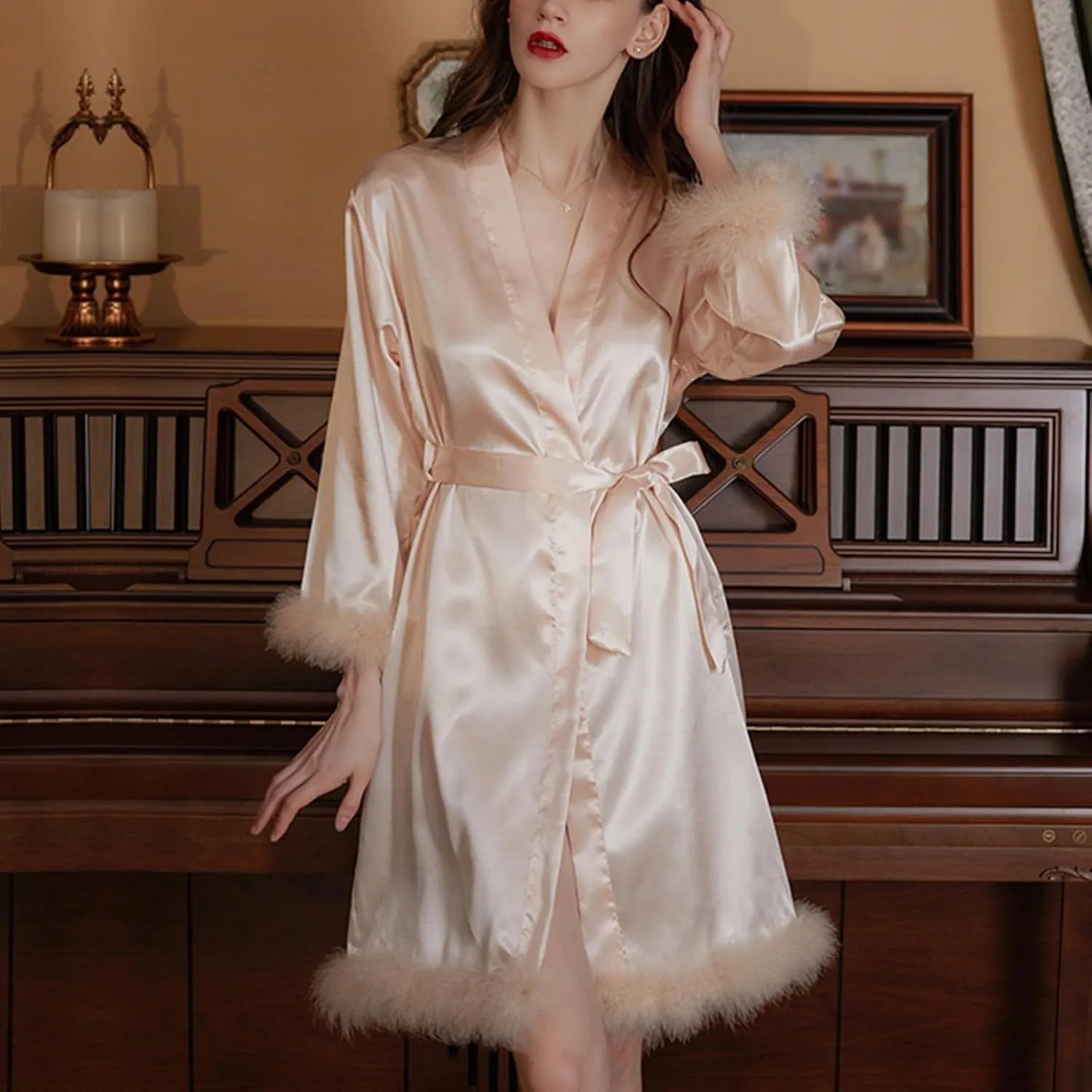 Fluffy Robes for Women Furry Winter Furry Long Bathrobes Dress with Belt Silk Comfort Knee Length Sleepwear Robes