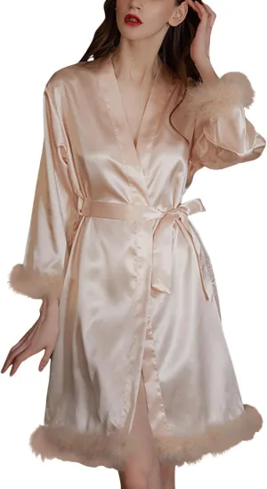 Fluffy Robes for Women Furry Winter Furry Long Bathrobes Dress with Belt Silk Comfort Knee Length Sleepwear Robes