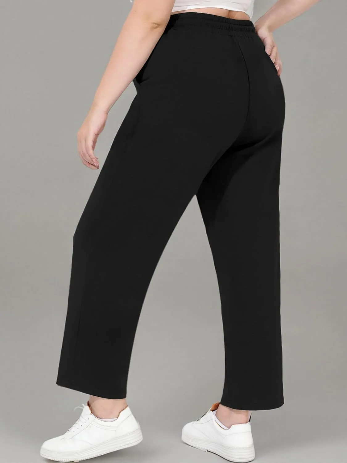 FOREYOND Plus Size Sweatpants for Women Wide Leg Yoga Pants Knit Workout Pants with Drawstring Pull-on Stretch Fabric