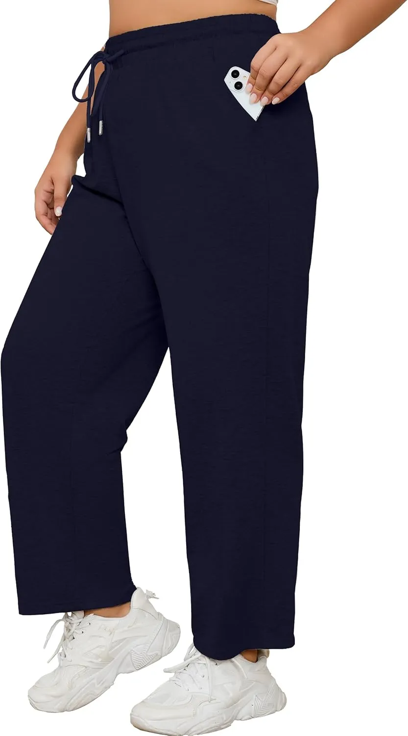 FOREYOND Plus Size Sweatpants for Women Wide Leg Yoga Pants Knit Workout Pants with Drawstring Pull-on Stretch Fabric
