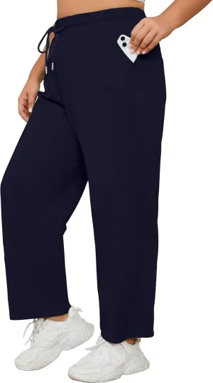 FOREYOND Plus Size Sweatpants for Women Wide Leg Yoga Pants Knit Workout Pants with Drawstring Pull-on Stretch Fabric