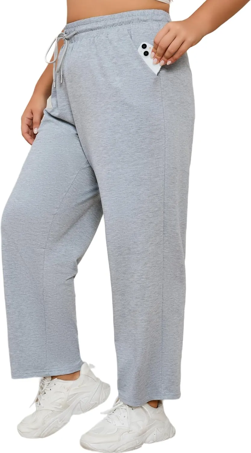 FOREYOND Plus Size Sweatpants for Women Wide Leg Yoga Pants Knit Workout Pants with Drawstring Pull-on Stretch Fabric