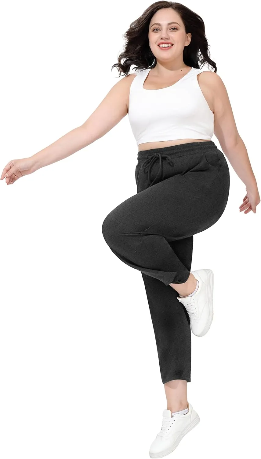 FOREYOND Plus Size Sweatpants for Women Wide Leg Yoga Pants Knit Workout Pants with Drawstring Pull-on Stretch Fabric