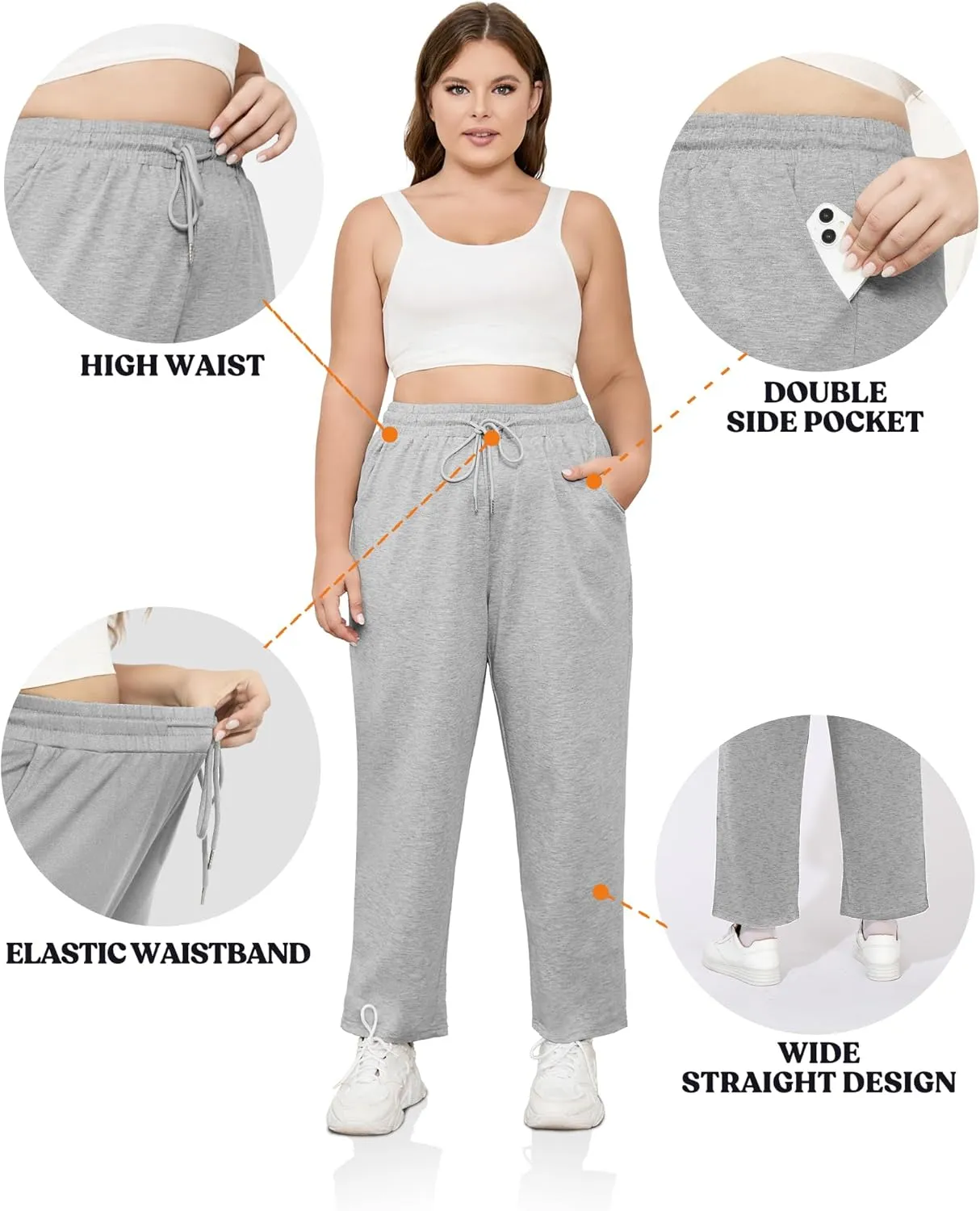 FOREYOND Plus Size Sweatpants for Women Wide Leg Yoga Pants Knit Workout Pants with Drawstring Pull-on Stretch Fabric