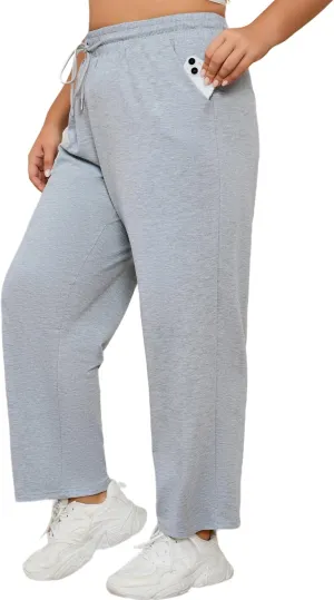 FOREYOND Plus Size Sweatpants for Women Wide Leg Yoga Pants Knit Workout Pants with Drawstring Pull-on Stretch Fabric