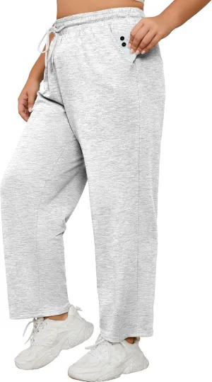 FOREYOND Plus Size Sweatpants for Women Wide Leg Yoga Pants Knit Workout Pants with Drawstring Pull-on Stretch Fabric