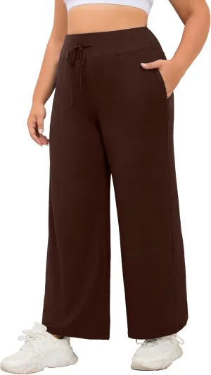 FOREYOND Plus Size Sweatpants for Women Wide Leg Yoga Pants Knit Workout Pants with Drawstring Pull-on Stretch Fabric