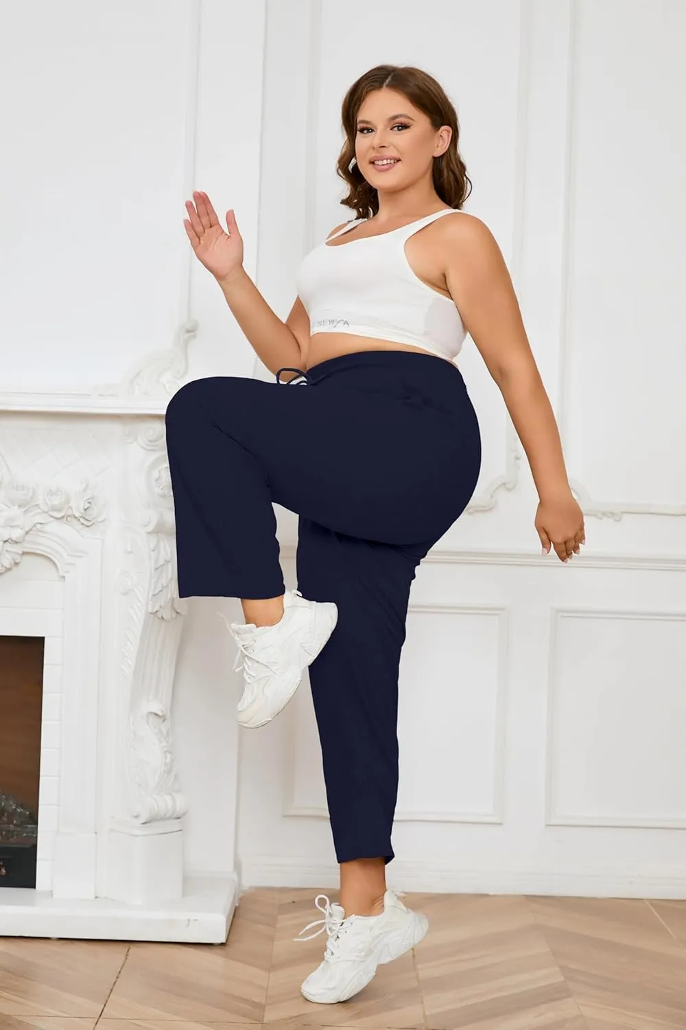 FOREYOND Plus Size Sweatpants for Women Wide Leg Yoga Pants Knit Workout Pants with Drawstring Pull-on Stretch Fabric
