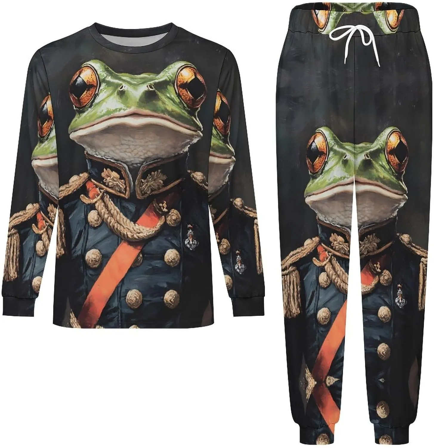 Frog General Admiral Soft Mens Pajamas Set Round Neck Pullover Long Sleeve And Pants Loungewear 2 Piece Pjs Set