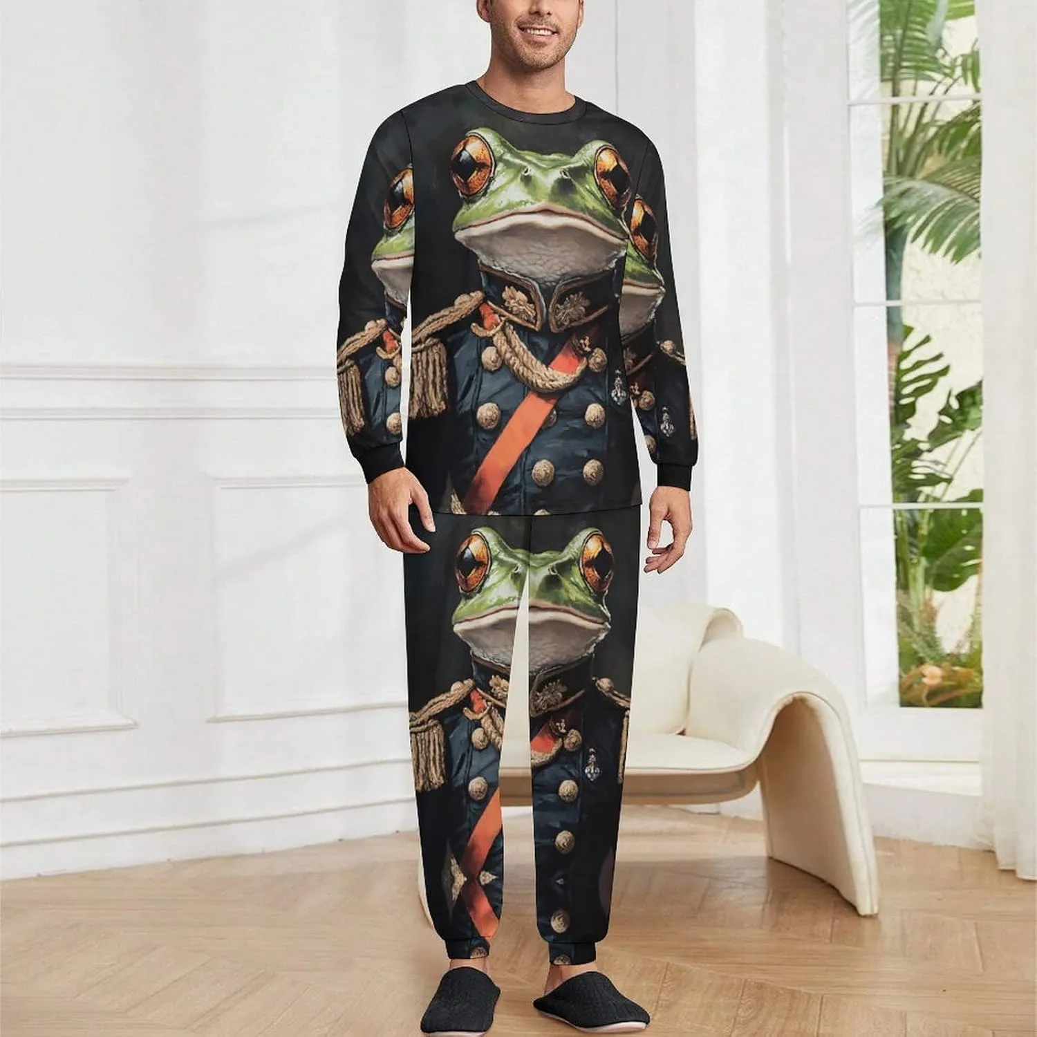 Frog General Admiral Soft Mens Pajamas Set Round Neck Pullover Long Sleeve And Pants Loungewear 2 Piece Pjs Set