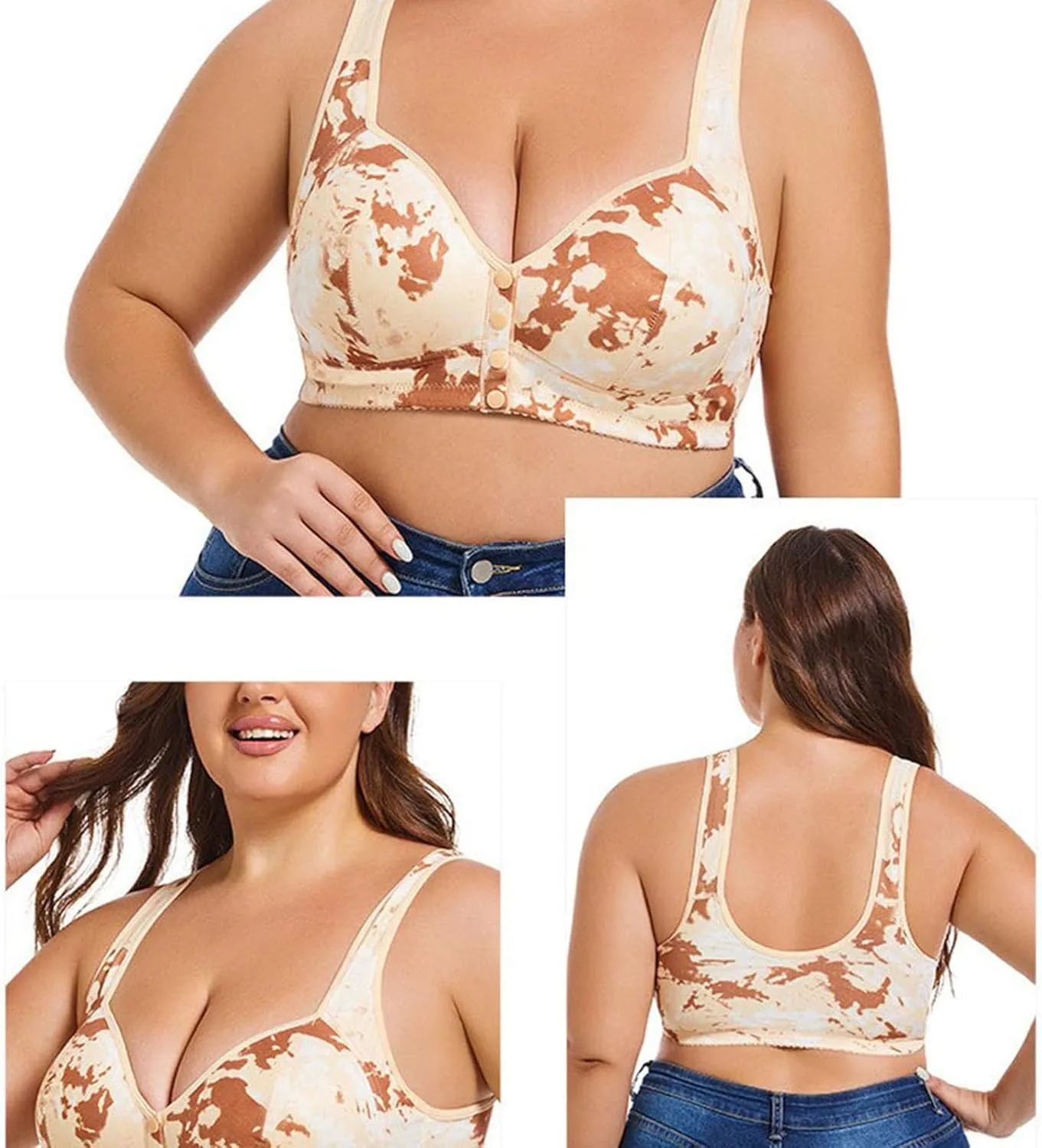 Front Closure Bras for Women No Underwire Plus Size Push Up Padded Everyday Floral Printed Crop Bralette