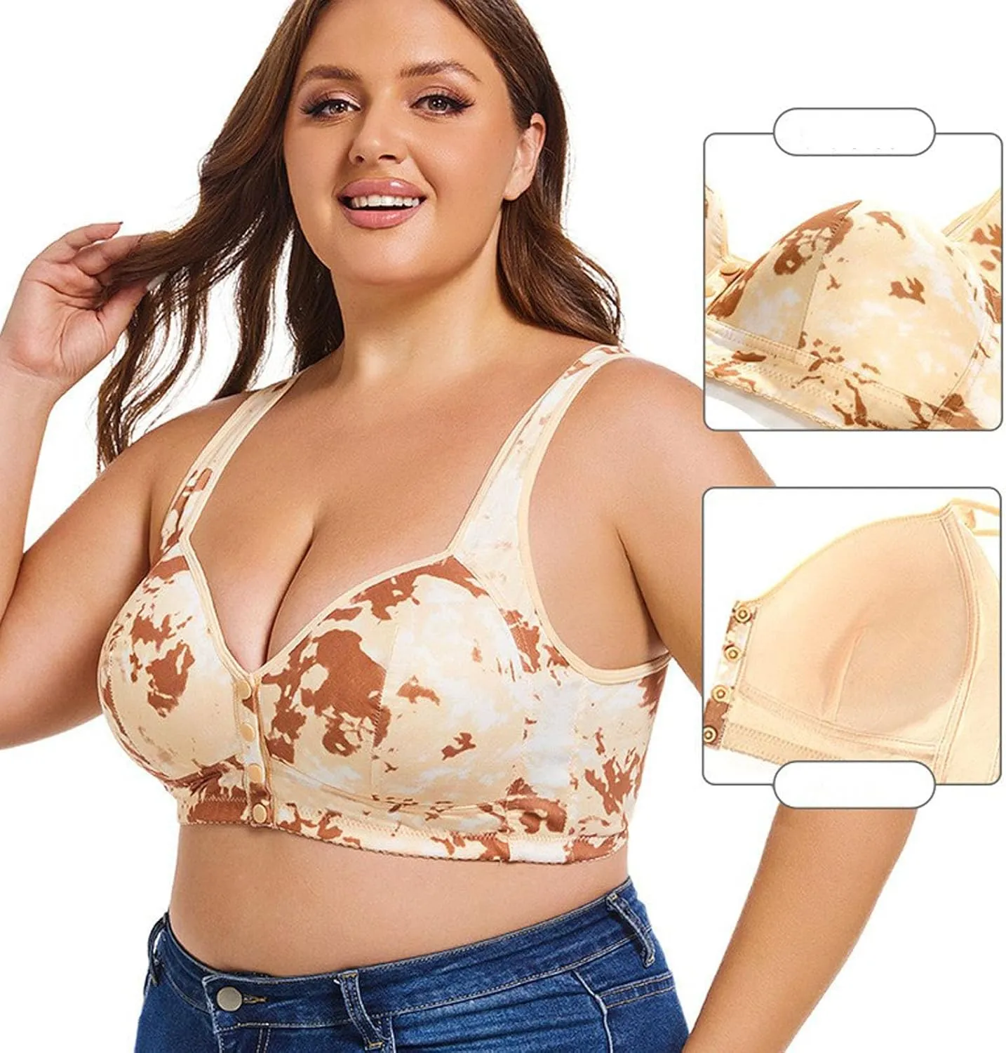 Front Closure Bras for Women No Underwire Plus Size Push Up Padded Everyday Floral Printed Crop Bralette