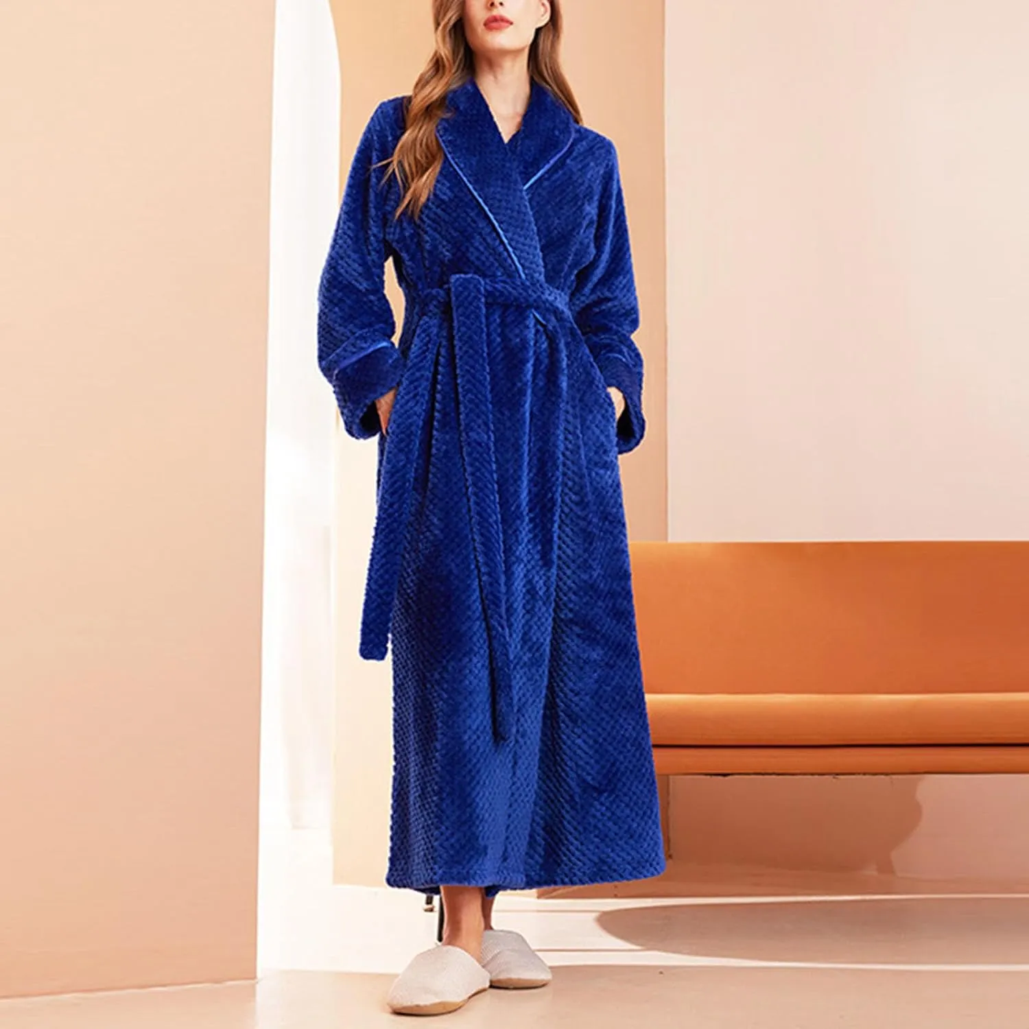 Fuzzy Robes for Women Winter Warm Thick Plush Long Sleeve Bathrobes Solid Casual Long Loungewear with Side Pockets